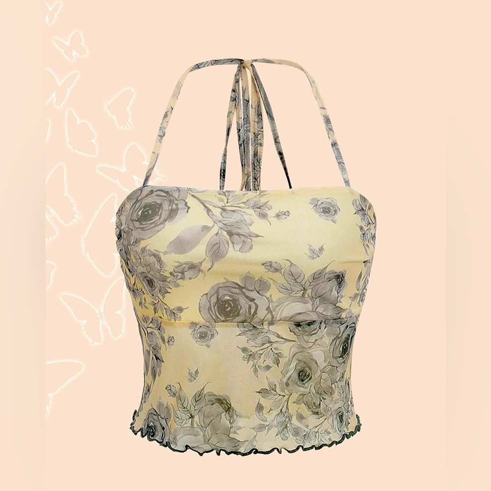 NWOT SHEIN ICON Floral Print Lettuce Trim Tie Backless Halter Top
